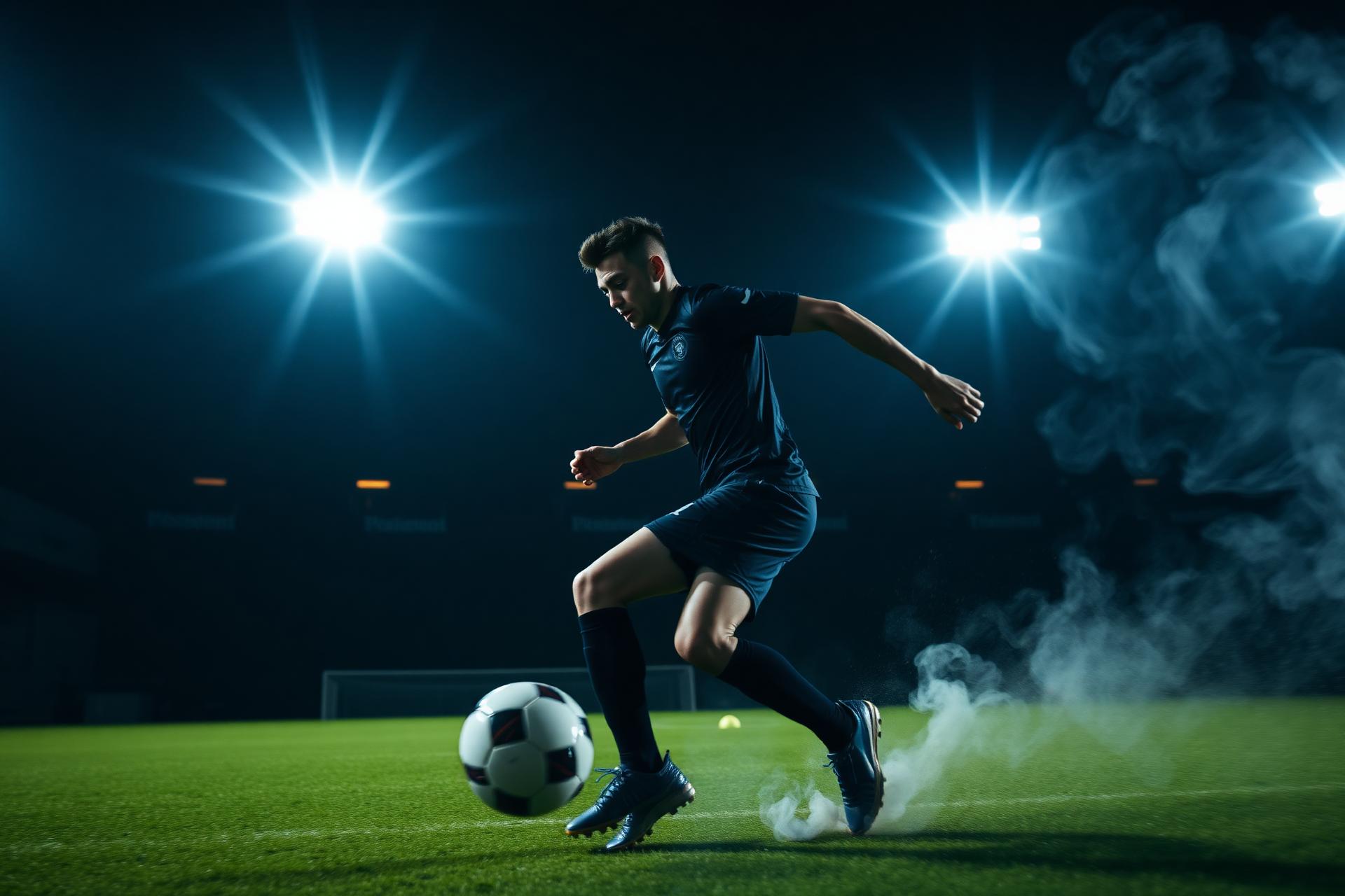 Soccer player in custom ICF Sports jersey under stadium floodlights